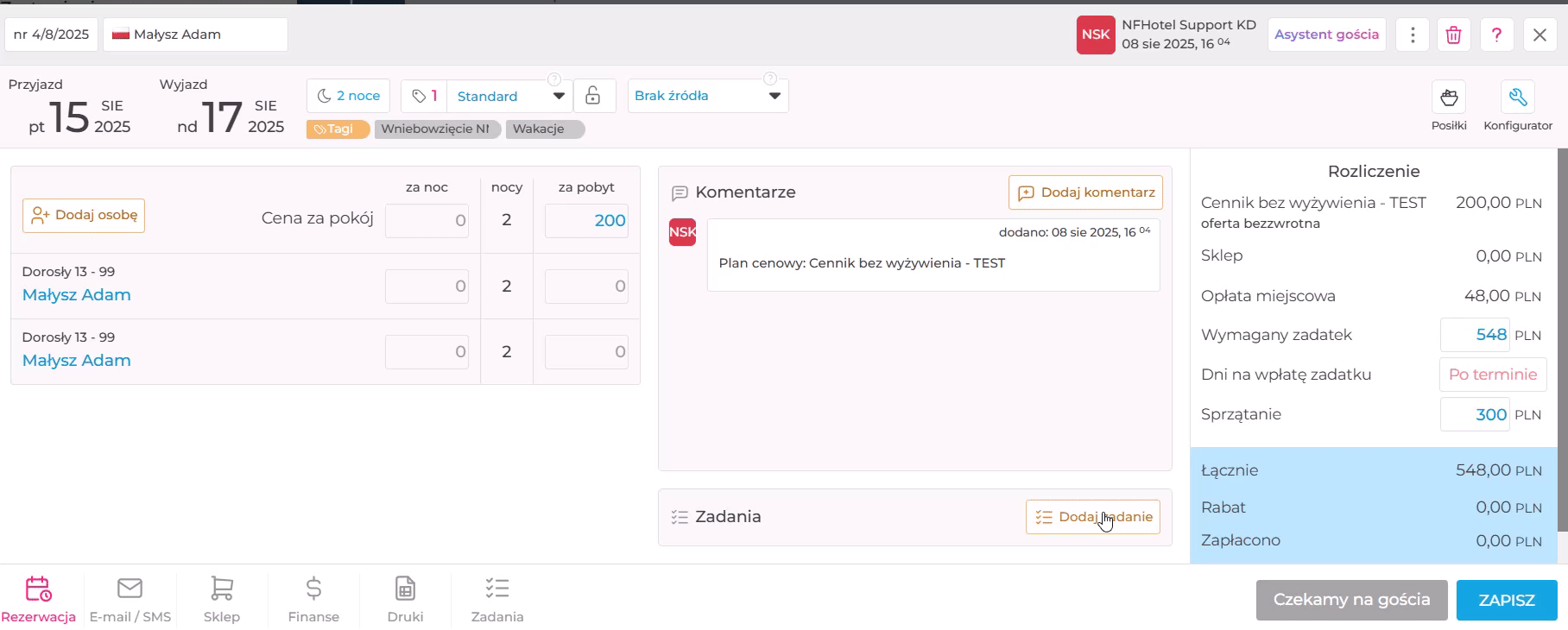 Zadania w oknie rezerwacji