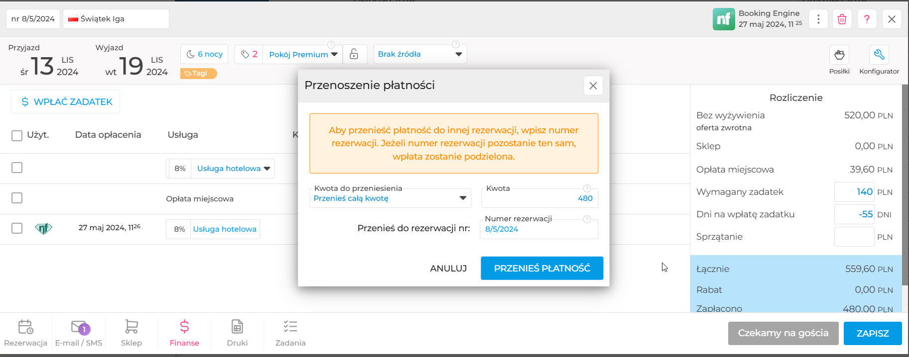Przenoszenie płatności do innej rezerwacji