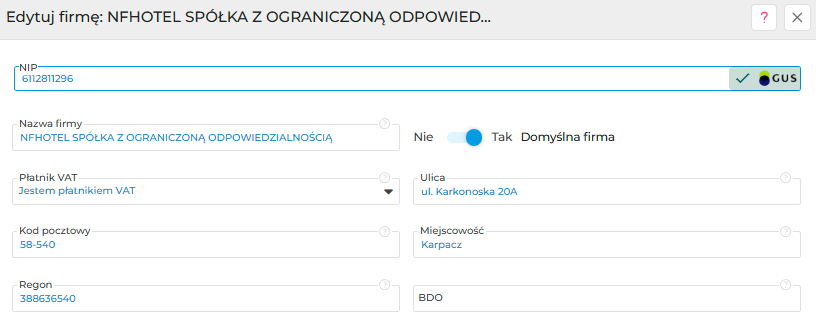 Konfiguracja danych firmowych w systemie NFHotel