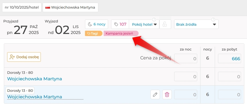 Dodawanie tagu do rezerwacji utworzonej przez Booking Engine