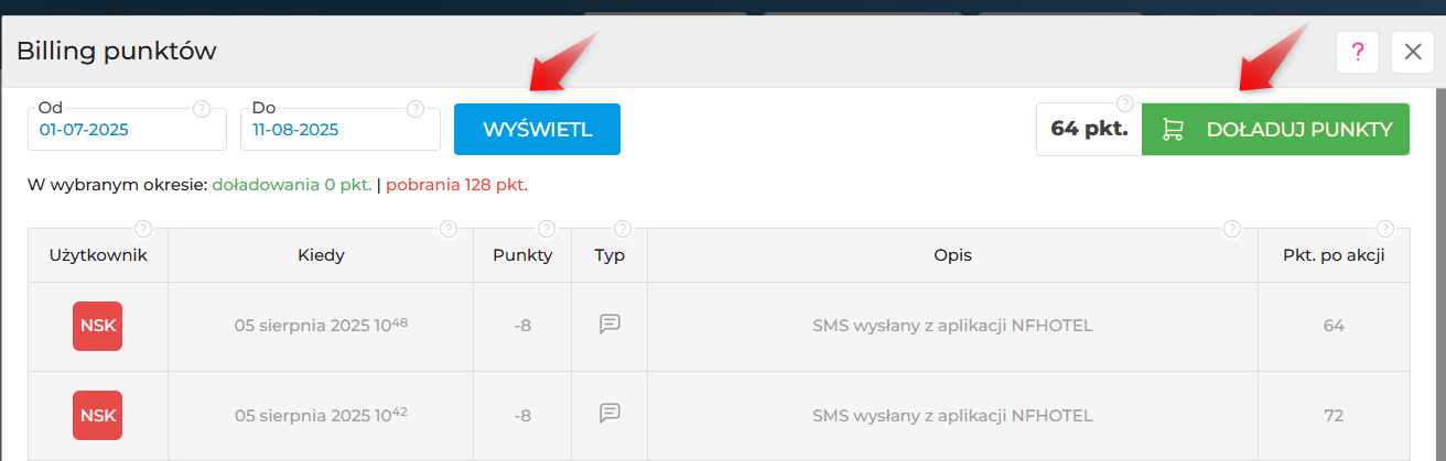 Punkty do wysyłki SMS