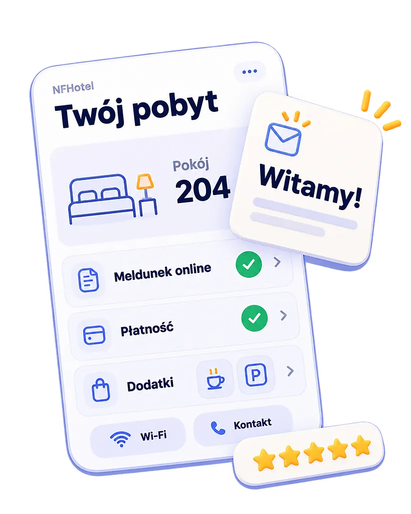 Karta Twój pobyt dla pokoju 204 z odhaczonym meldunkiem online i płatnością, dodatkami, Wi-Fi i oceną pięciu gwiazdek, obok powitanie dla gościa.