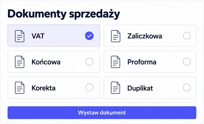 Wybór typu dokumentu sprzedaży: VAT, zaliczkowa, końcowa, proforma, korekta, duplikat